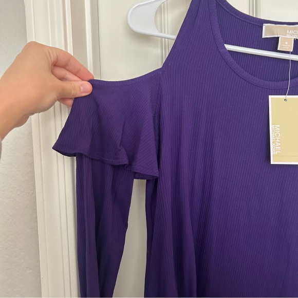 NWT Michael Kors Purple Ribbed Ruffle Cold Shoulder Top - Picture 5 of 16